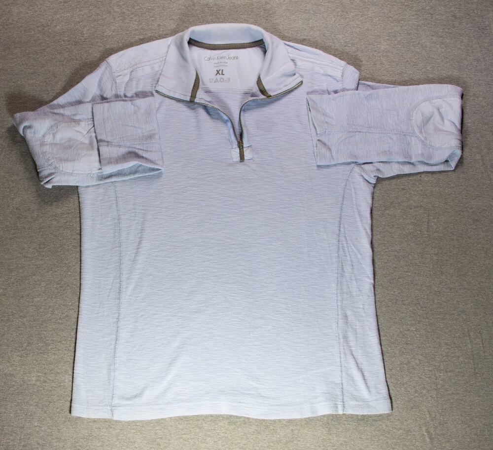 Calvin Klein Jeans Men's XL 1/4 Zip Pullover Light Blue Waffle Knit Elbow Patch